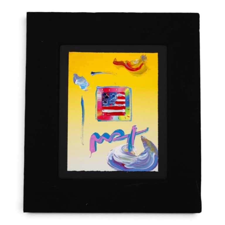 Attrib: Peter Max (Born 1937): Attributed To: Peter Max, German (Born 1937) Mixed Media and Acrylic on Paper "Flag" Signed Lower Center. Presented on matted surface. Sight measures 11-1/4" x 8-1/2". Overall measures 19" x 16-1/2".