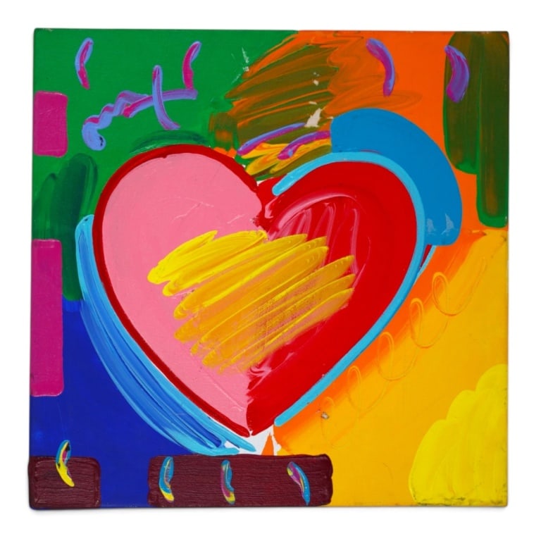 Attrib: Peter Max (Born 1937): Attributed To: Peter Max, German (Born 1937) Acrylic on Canvas "Big Heart" Signed Top Left Corner. Stamped mark on the reverse side. Presented on a stretcher. Overall measures 16" x 16". A piece