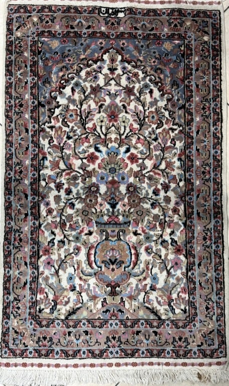 Tapis D'Orient Isfahan Wool & Silk Persian Rug: Tapis D'Orient Isfahan Design Hand-knotted Wool & Silk Persian Rug. Features an intricate floral vase and arch motif. Label affixed to backside. Measures 50" x 30-1/2". Condition: Good pre-owned