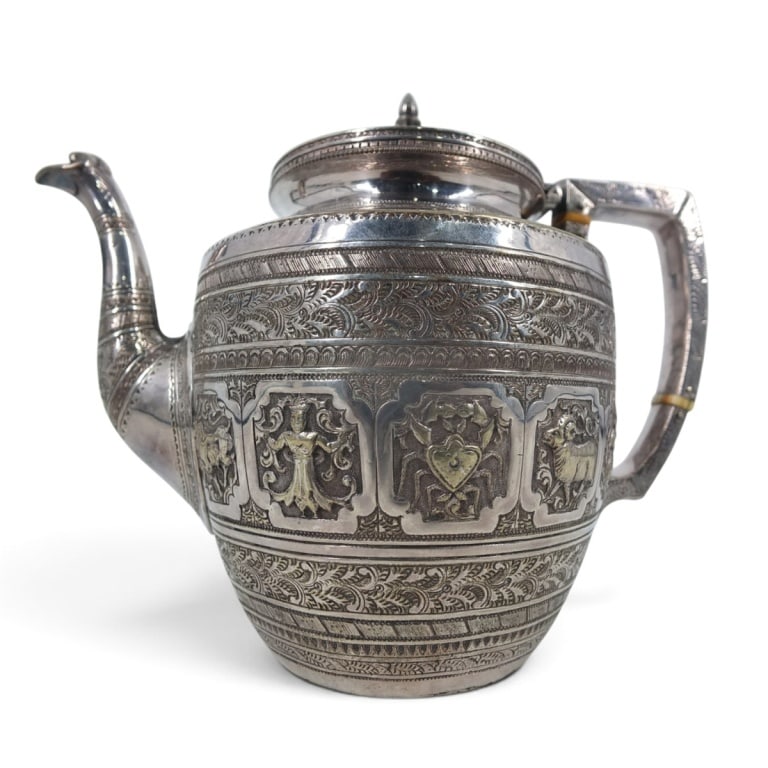 Antique English Silver Plate Zodiac Teapot: Antique English Silver Plate Zodiac Teapot. Unmarked. Measures 7-1/2" H. Condition: Good condition. Estimate 100 - 200 Domestic shipping Third Party