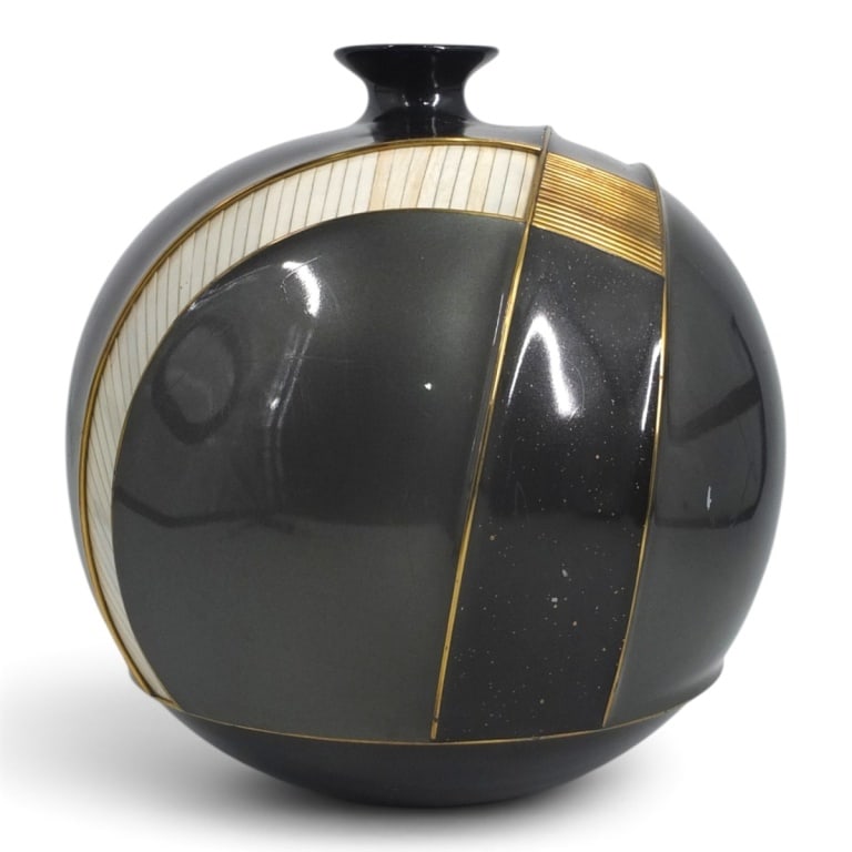 Johnson & Marcius Lacquer, Bone & Brass Vase: Large Postmodern Jonson & Marcius Lacquer, Bone & Brass Vase. Original label affixed to bottom. Measures 13-1/2" H x Condition: Some light surface scratches, a bit of crazing, a few tiny dings. Condit
