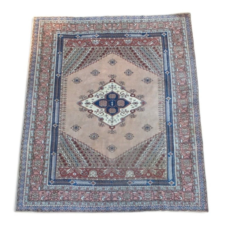 Semi Antique Tribal Rug: Semi Antique Turkish Tribal Geometric Hand Knotted Rug. Multi color base with centralized medallion. Measures 98" x 83". Condition: No fringes. Needs cleaning. Estimate 400 - 600 Domestic shipping