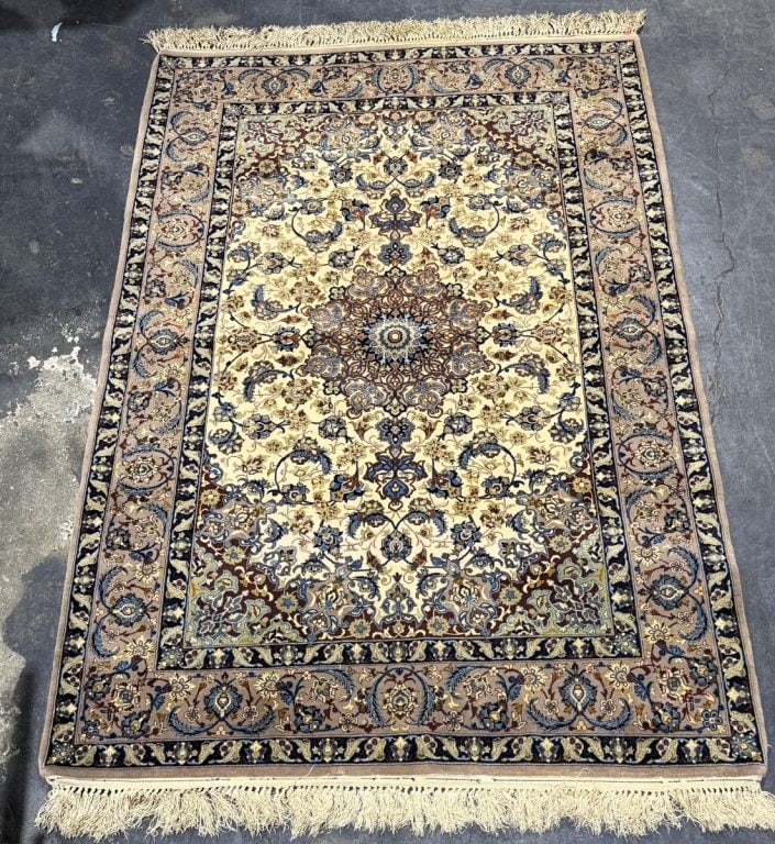 Tapis D' Orient Persian Nain Silk & Wool Rug: Tapis D' Orient Persian Nain Silk & Wool Rug. Hand-knotted. Unsigned. Measures 65" x 44". Condition: Good pre-owned condition. A bit of color run. Estimate 150 - 500 Domestic shipping Third Party