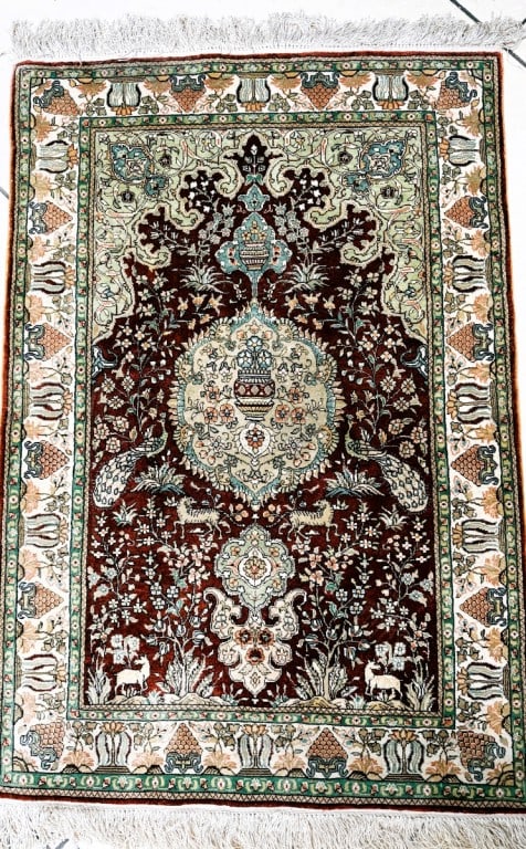 Vintage Persian Silk Prayer Rug 2.5' x 3': Vintage Persian Silk (Qum?) Prayer Rug. Features a traditional hunting or garden motif with animals and a central medallion. Unsigned. Measures 25* x 37". Condition: Good pre-owned condition. Would