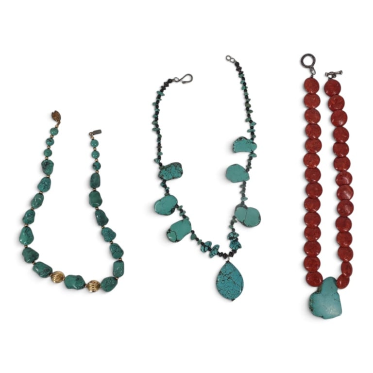 3 Vintage BOHO Turquoise, Coral, Bead Necklaces: 3 Vintage BOHO Turquoise, Coral, Chunky Bead Necklaces. Includes: -Turquoise & sponge coral , unmarked, 18" L, coral discs 20mm, turquoise pendant 1-3/4" x 1-1/2". -SW-style Turquoise beaded with tear