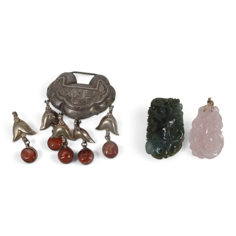 3 Vintage Chinese Pendants: Jade, Quartz, Silver (1 of 4)