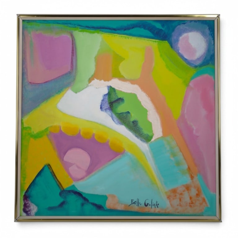 Belle Golinko (20th C) Oil on Canvas "Abstract": Belle Golinko (American, 20th C) Oil on Canvas "Abstract". Signed lower right. Measures 24" x 24", frame 25-1/4" x 25-1/4". Condition: Good condition. Estimate 100 - 200 Domestic shipping Third Party