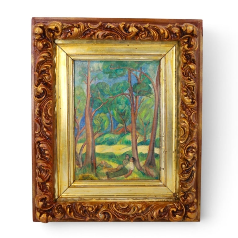 Attr:Henri Hayden Oil/Masonite Landscape w/Figures: Attributed to: Henri Hayden (Polish/French 1883-1970) 1920's School of Paris Oil on Masonite "Landscape with Figures". Signed lower left. Measures 14" x 10", frame 23" x 20". A piece listed as