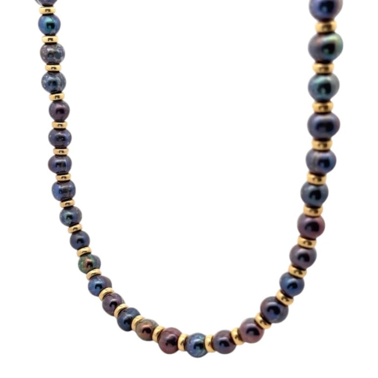 Vintage 18K Tahitian Pearl / Gold Beaded Necklace: Vintage 18 Karat Yellow Gold Tahitian Pearl and Gold Beaded Choker Necklace. Please note: Alternative payment may be required for this jewelry lot. Condition: Good condition. Estimate 1000 - 2000