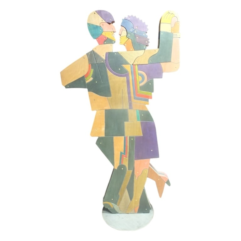 Bruno Chersicla, Italian (1937 - 2013): Bruno Chersicla, Italian (1937 - 2013) "The Embrace" hinged jigsaw painted wood sculpture. Signed. Overall measures 72-1/2" x 38-1/2" x 20". . Condition: Good condition. Estimate 3000 - 6000 Domestic