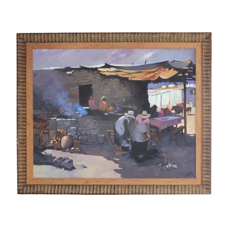Large Latin Oil/Canvas "Cocinar al Aire Libre": Large Latin Genre Oil on Canvas "Cocinar al Aire Libre". Signed illegibly and dated '93 lower right. Measures 37" x 47", frame measures 46" x 55-3/4". Condition: Good condition. Estimate 300 - 500