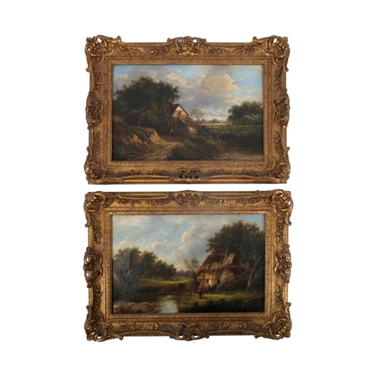 Pair 19 C Oil/Canvas "English Country Landscapes": Pair 19th Century Oil on Canvas "English Country Landscapes". Signed lower left "Thales". Framed. Measures 12" x 18", frame measures 17-1/4" x 23-1/8". Condition: 1 with small loss to frame or in