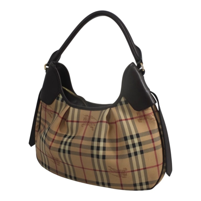 Burberry Haymarket Check Shoulder Bag: Burberry Haymarket Check Shoulder Bag. Dark brown leather, lined, zipper pocket. Height: 9" Width (at base): 13" Depth: 2" Handle Drop: 9" Condition: Light scuffs to front pleats, minor rubbing to