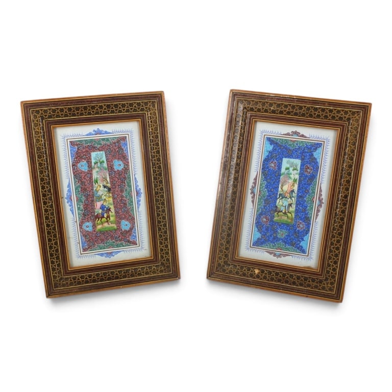 Pair Vintage Persian Miniatures Inlaid Frames: Pair Vintage Persian Miniatures in Khatam-kari Inlaid Wood Frames. Unsigned. Measures 13-3/4" x 9-3/4" overall. Condition: Good condition. Estimate 100 - 300 Domestic shipping Third Party