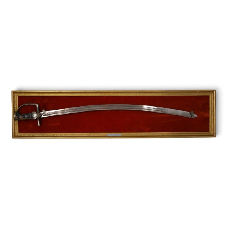 Antique Polish Saber Polska Szabla: Antique Polish Saber Polska Szabla loosely mounted on frame. Frame tag reads: Polska Szabla Z XVII W. Saber is stamped with maker. Measures 37" L. The frame 41-1/4" x 9-3/4". Condition: Rust, tarnish