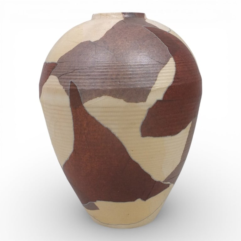 Large Circa 1980s Decorative Vase: Large Circa 1980s decorative corrugated cardboard vase. Measures 16-1/4", 12". Condition: Good condition. Estimate 60 - 200 Domestic shipping Third party