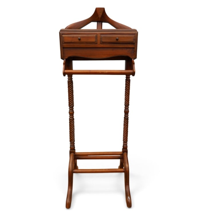 Vintage Gentleman's Wood Valet Stand: Vintage Mahogany-finish Wood Gentleman's Valet Stand. Features double-drawer accessory top and twisted twist-column supports. Made in Indonesia label affixed to back. Measures 49-1/4" H x 21" W x 18" 
