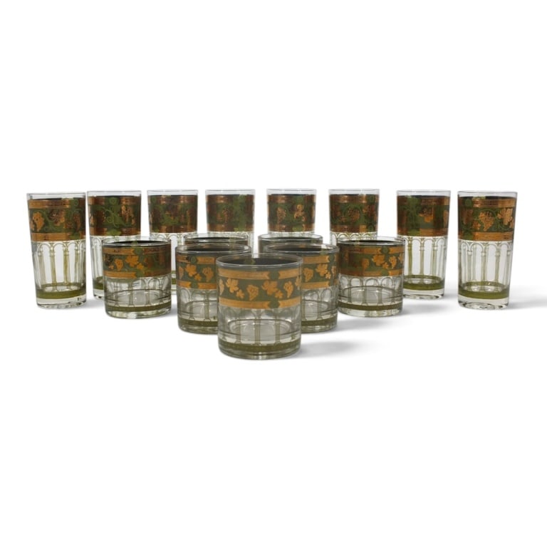 15 Pcs Cera "Golden Grapes" Mid Century Bar Ware: 15 Pieces Cera "Golden Grapes" Mid Century Bar Ware. Set includes 8 Highball, 5-5/8" and 7 Old Fashioned, 3-3/8" glasses. Unmarked. Condition: Good, no chips, cracks. Estimate 80 - 160 Domestic