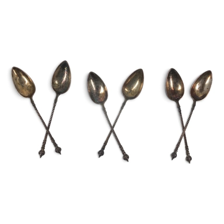 Set of 6 Vintage Dutch Silver Demitasse Spoons: Set of 6 Vintage Dutch Silver Demitasse Spoons. Hallmarked illegibly (Niekirk?). Measures 4-1/2" L. Total lot weighs approx. 50 grams. Condition: Wear to vermeil or in good condition. Estimate 50 -