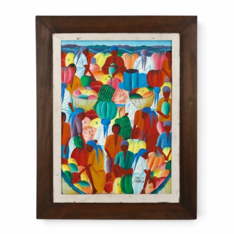 Fritz Charles Haitian Oil/Canvas "Market Scene": Fritz Charles (Haitian, 20C) Oil on Canvas "Market Scene". Signed lower right. Measures 16" x 12", frame 20-3/4" x 16-3/4". Condition: Good condition. Estimate 100 - 300 Domestic shipping Third Party