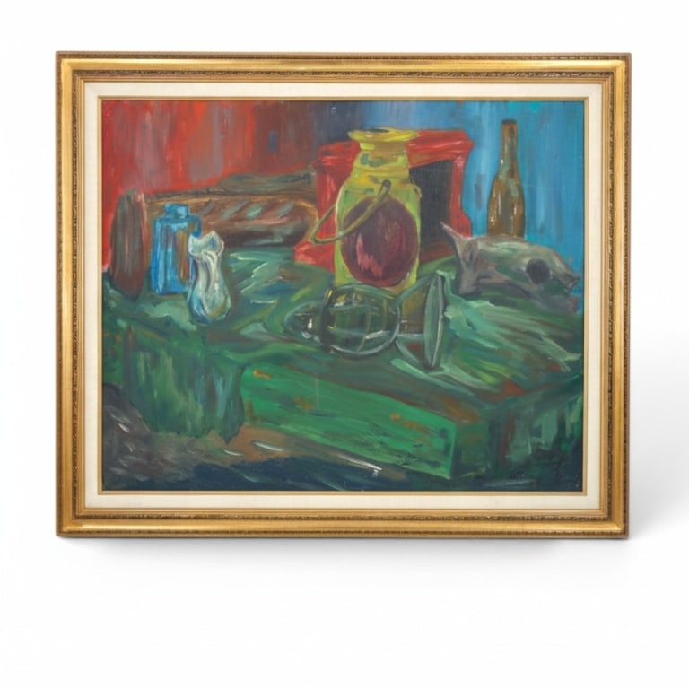 Mid-Century Oil on Canvas-board "Still Life": Mid-Century Oil on Canvas-board "Still Life". Signed Gary lower right, inscribed "Gary Blades" to verso. Measures 24" x 30", frame 29-1/2" x 35-1/2". Condition: Light horizontal scratch upper right