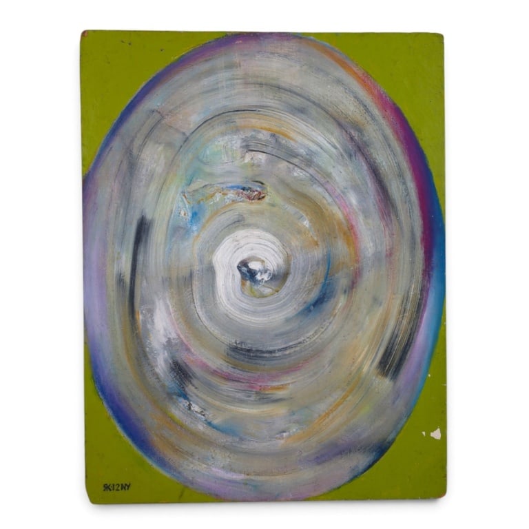 2012 Russian School Abstract OilBoard "Whirlpool": 2012 Russian School Abstract Oil on Board "Whirlpool". Signed and dated GK -12-NY, Inscribed by artist verso. Unframed. Measures 15" x 19-1/4". Condition: Wear to corners, area of white (paint?)