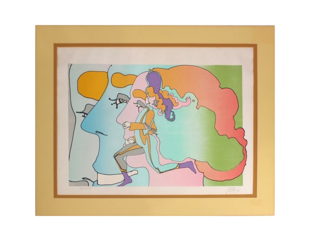 Peter Max Lithograph "Three Lords and Runner": Peter Max, German/American (b. 1937) Color Lithograph on Deckled Paper "Three Lords and Runner" circa 1973. Pencil signed and numbered 31/300. Unframed. Full sheet measures 21" x 26", mat frame 24" x