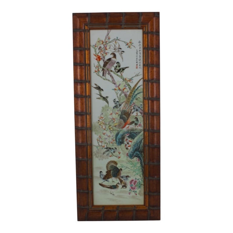 Chinese Hand Painted Porcelain Plaque: Chinese Hand Painted Porcelain Plaque. Decorated with birds, calligraphy and signed with red seal mark. Framed. Measures 29" x 8-1/2" (sight), frame measures 34-3/4" x 14". Condition: Good condition.