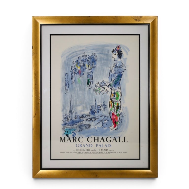 Marc Chagall (1887 - 1985): Marc Chagall (1887 - 1985) "The Magician of Paris" Exhibition Poster. Sight measures 27-1/4" x 19-1/2". Frame measures 35-1/2" x 27-1/2". Condition: Good condition. Estimate 60 - 120 Domestic