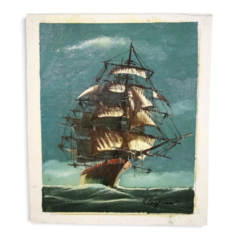 Renato Loganesi Oil on Canvas "Clipper Ship: Renato Loganesi (Italian 1931-) Mid-century oil on canvas "Clipper Ship". Signed lower right. Canvas unstretched and unframed. Measures 11-1/2" x 9-3/4" overall. Condition: Good condition. Estimate