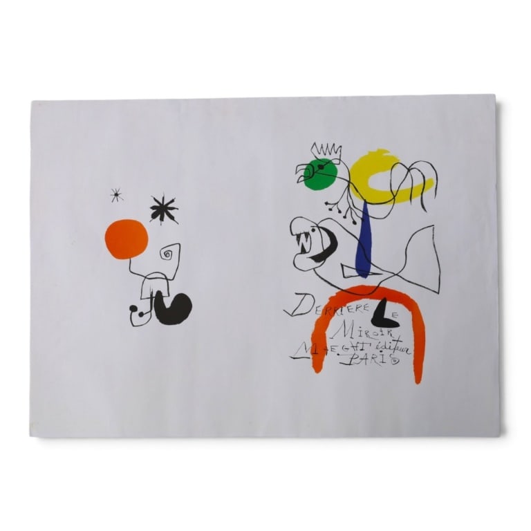 Joan Miro Color Lithograph "Derriere le Miroir": Joan Miro (Spanish/French, 1893-1983) Color Lithograph "Derriere le Miroir, Maeght Edituer, Paris". Unsigned. Unframed. Full sheet measures 21" x 29". Condition: Small corner crease, small stain