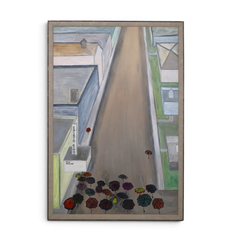 R. Leveille (20th Century): R. Leveille (20th Century) Oil on Canvas "Open Street With Umbrellas" Signed Lower Right. Measures 36 x 24. Frame measures 37-1/2" x 25-1/2". Condition: Good condition. Estimate 100 - 400 Domestic