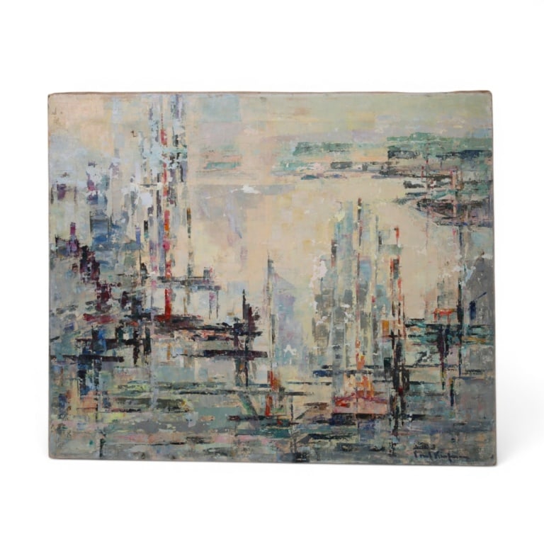 Mid Century Oil/Canvas "Abstract Cityscape" Signed: Mid Century Oil on Canvas "Abstract Cityscape" Signed illegibly lower right. Unframed. Measures 20" x 24". Condition: Small tear upper left , craquelure, flaking. Estimate 60 - 120 Domestic shipping
