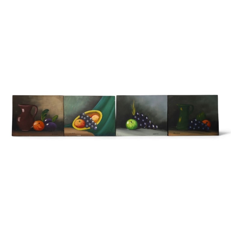 4 Original Oil on Wood Still Life Paintings: 4 Original Oil on Wood Still Life Paintings. Signed Meunier. Measures 7-3/4" x 9-3/4" x 1-1/4". Condition: Light wear or in good condition. Estimate 100 - 200 Domestic shipping Third Party