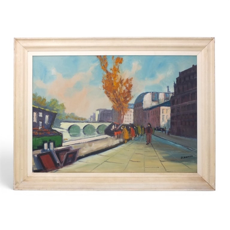 Mid Century Paris School Oil/Board "The Seine": Mid Century Paris School Oil on Board "The Seine". Signed Blouren lower right. Measures 19-1/2" x 27-1/2" (sight), frame 25" x 33". Condition: Good condition. Estimate 100 - 200 Domestic shipping
