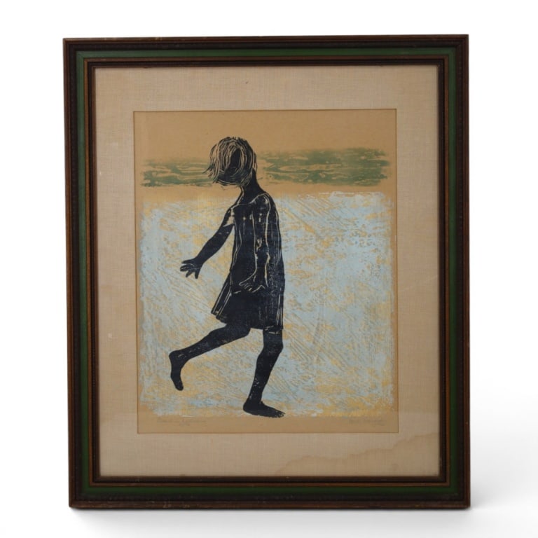 Hope Brooks Meryman, American (1931 - 1975): Hope Brooks Meryman, American (1931 - 1975) Woodcut on Paper "Beach Runner" Signed, Dated 1966 and Numbered 35/50. Sight measures 20-1/4" x 16-1/2". Frame measures 29-1/2" x 25". Condition: Normal