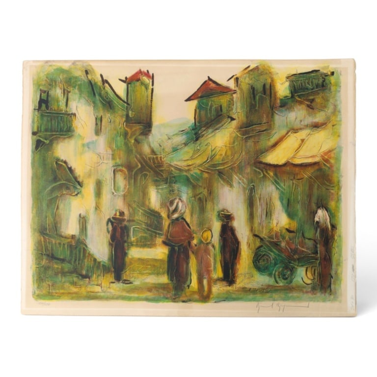 Vintage Judaica Color Lithograph "In the City": Vintage Judaica Color Lithograph "In the City". Pencil signed illegibly, numbered 130/250. Unframed. Full sheet measures 20" x 26". Condition: Toning consistent with storage and age. Estimate 40 - 80