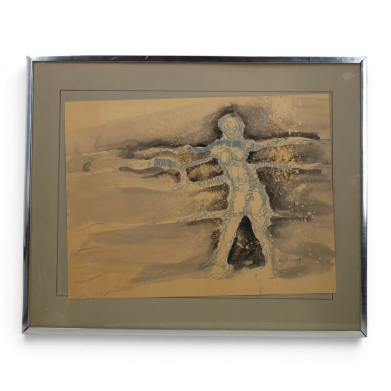 1980 Surrealist Mixed Media/Paper "Figure" Signed: 1980 Surrealism Mixed Media on Paper "Figure". Signed Raffalorich '80 lower right. Framed under glass. Measures 19-1/4" x 25-1/4" (sight), frame 27" x 33". Condition: Toning, frame loose. Estimate