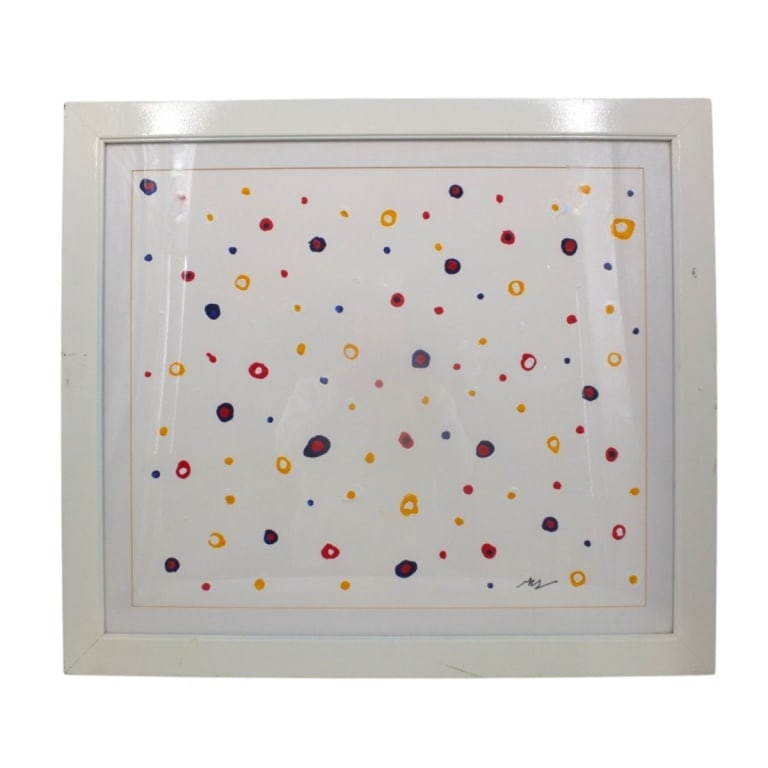Signed Contemporary Acrylic/Cardboard "Dots": Contemporary Acrylic/Cardboard "Dots". Signed illegibly lower right, Gallery label affixed to verso: Gallery Art, Aventura, Fl. Framed and under plexiglass. Measures 19-1/2" x 22-3/4", frame 25-5/8"