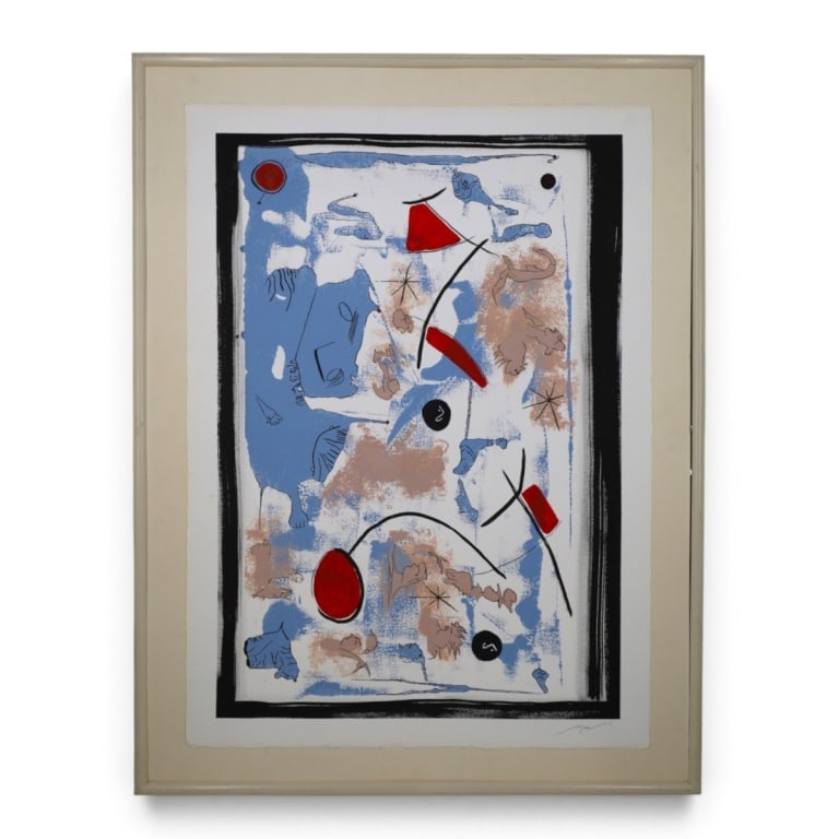 Vintage Surrealist Tempera on Arches Paper: Vintage Surrealist Tempera on Arches Paper. Laid down on board. Signed Mau.....o lower right. Embossed Blind stamp lower left: Veritable Papier d'arches. Framed, no glass. Full sheet measures 41" x