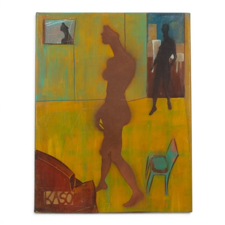 Kaso (20th century) Mixed Media on Canvas: Kaso (20th century) Mixed Media on Canvas "Sitting" Signed Lower Left. Inscribed en verso. Measures 18" x 14". Condition: Good condition. Estimate 150 - 350 Domestic shipping Third party