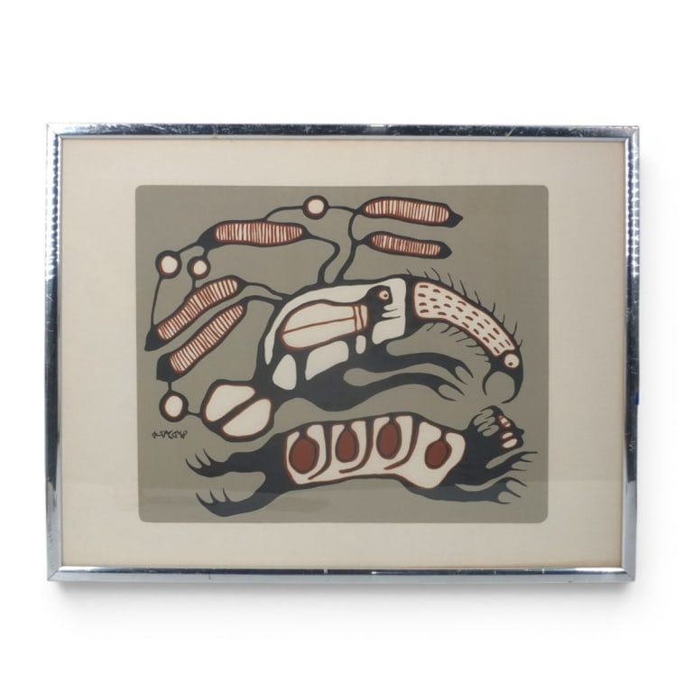 Blake Debassige (1956 - 2022): Blake Debassige, Canadian (1956 - 2022) Serigraph on Paper "Bird of Prey" Signed Lower Left. Measures 15-1/2" x 18-1/2". Frame measures 21" x 27" . Condition: Light toning to the matting. Estimate