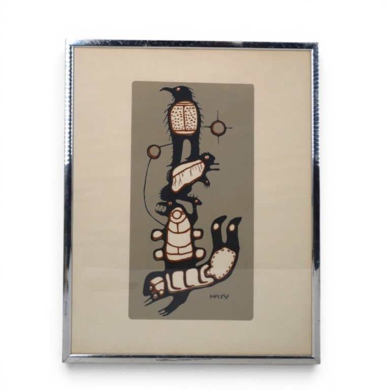 Blake Debassige (1956 - 2022): Blake Debassige, Canadian (1956 - 2022) Serigraph on Paper "Totem" Signed Lower Right. Measures 20-1/4" x 10". Frame measures 27" x 21". Condition: Good condition. Estimate 100 - 300 Domestic
