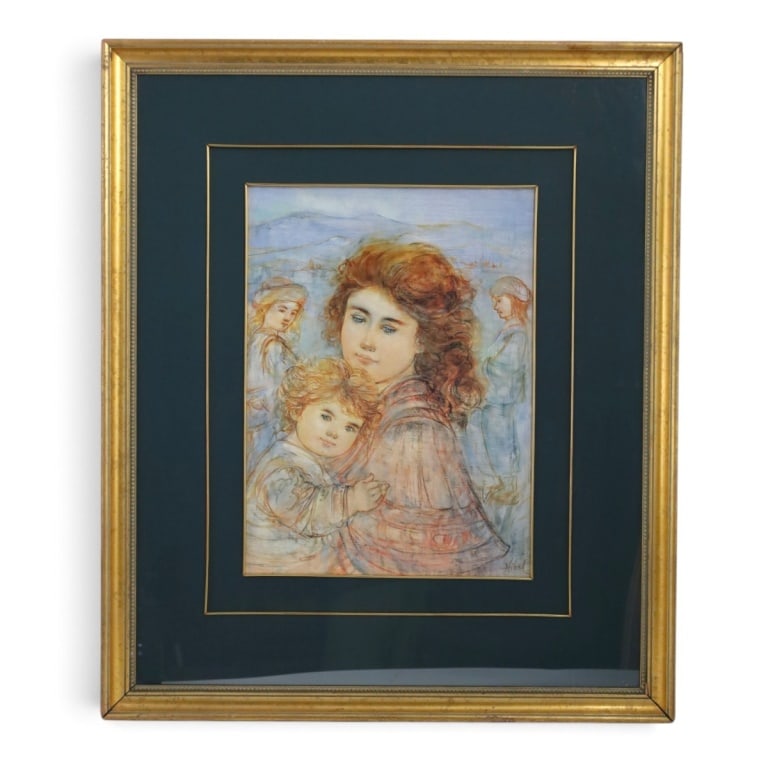 Edna Hibel Framed Poster "Sallie and Nellie": Edna Hibel Framed Poster "Sallie and Nellie". Signed in print. Professionally framed under glass. Measures 39-1/2" x 33-1/2" overall. Condition: Good condition. Estimate 100 - 300 Domestic shipping Th