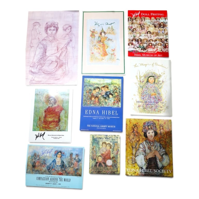 (9) Vintage Edna Hibel Exhibition Posters: Edna Hibel (American, 1917- 2015) (9) Vintage Exhibition Posters. Unframed. Sizes range from approx. 36-1/4" x 24-1/4" - 15-3/4" x 12-1/2". Condition: Light corner creases or in good condition.
