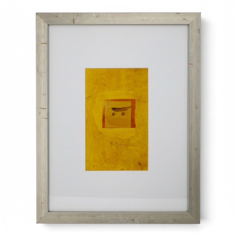 Decorative Framed Abstract Print "Yellow Banana": Decorative Framed Abstract Print "Yellow Banana". Signed Metzler 2002 in print. Framed under glass. Measures 22" x 18" overall. Condition: Wear to frame. Estimate 20 - 40 Domestic shipping Third Party