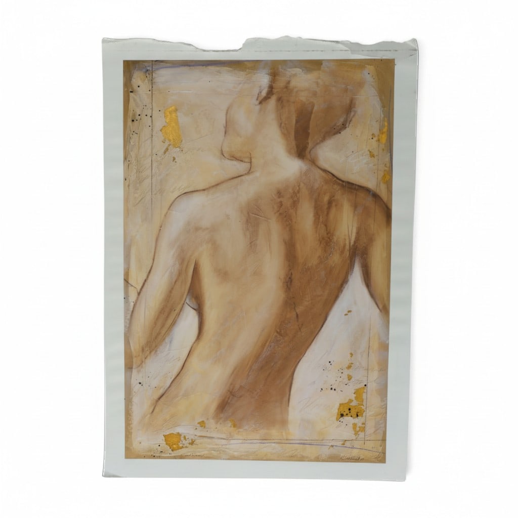 Richard Hoglund Contemporary Mixed Media Nude: Richard Hoglund (American, b. 1982) Contemporary Mixed Media Collage on Paper "Cool Down". Signed and titled in pencil. Unframed. Measures 39-1/2" x 28. Condition: Top and bottom edges with wear and t