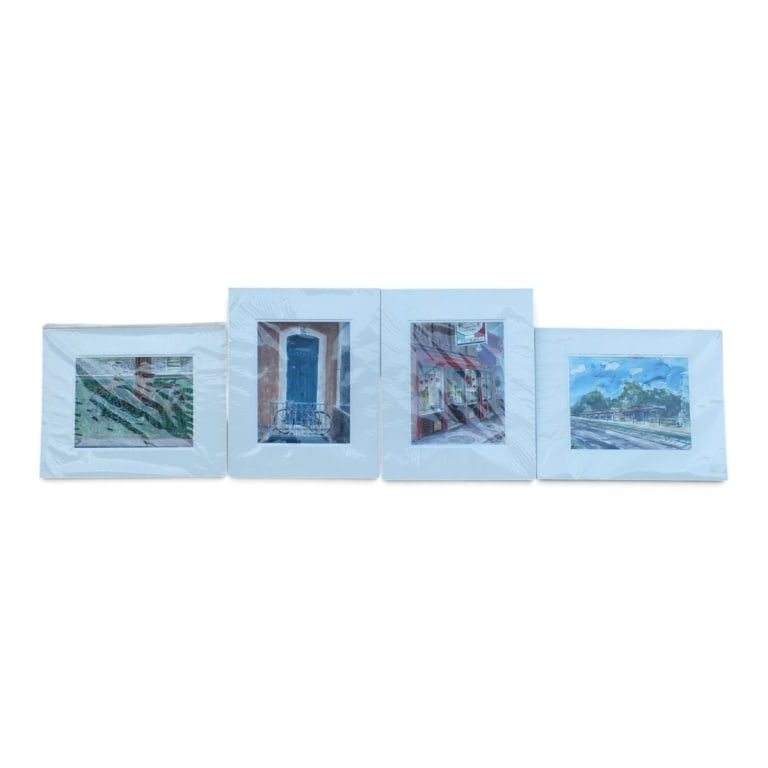 Vincent Takas 4 Offset Lithographs "Watercolors": Vincent Takas (California 20/21st C) 4 Offset Lithographs "Watercolor Scenes". Signed in prints. Set in mat frames. Measures 20" x 16" overall. Condition: Good condition. Estimate 50 - 100 Domestic
