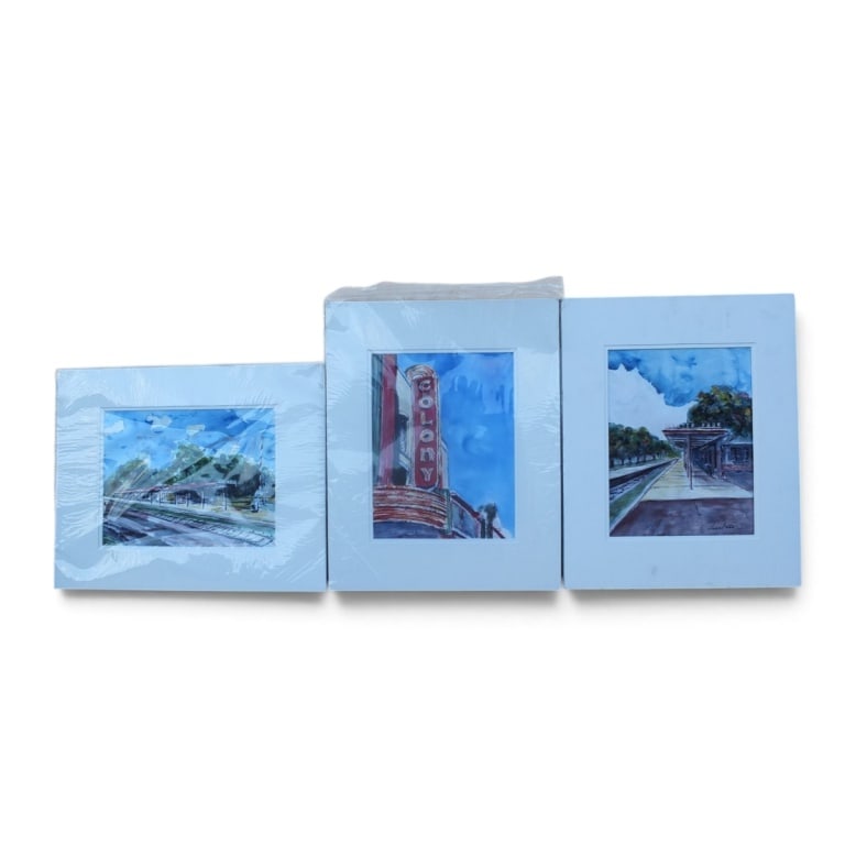 Vincent Takas 3 Offset Lithographs "Watercolors": Vincent Takas (California 20/21st C) 3 Offset Lithographs "Watercolor Scenes". Facsimile signature Set in mat frames. Measures 20" x 16" overall. Condition: Some with light soiling from storage.