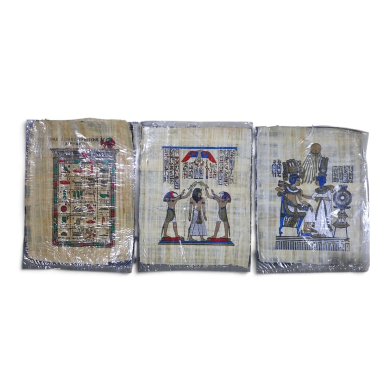 3 Vintage Egyptian Paintings on Papyrus: 3 Vintage Egyptian Paintings on Papyrus. Unsigned. Measures 17" x 13". Condition: Good condition Estimate 50 - 100 Domestic shipping Third Party